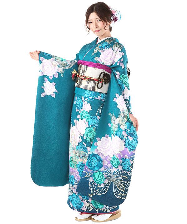 振袖レンタル｜青緑色に蝶と薔薇｜F0390｜3L｜宅配着物レンタル・一式