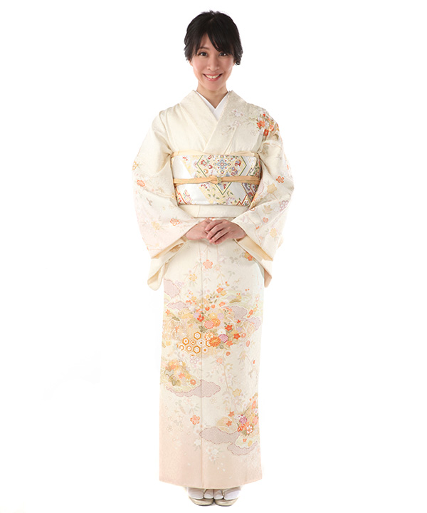 訪問着レンタル｜クリームに花雲取り｜H0233｜L｜宅配着物レンタル