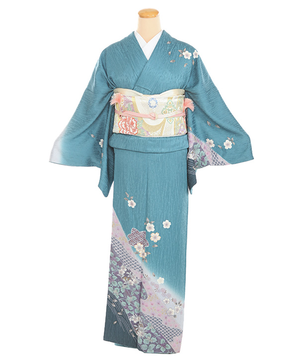 訪問着レンタル｜花浅葱色に桜流し｜H0357｜LL｜宅配着物レンタル