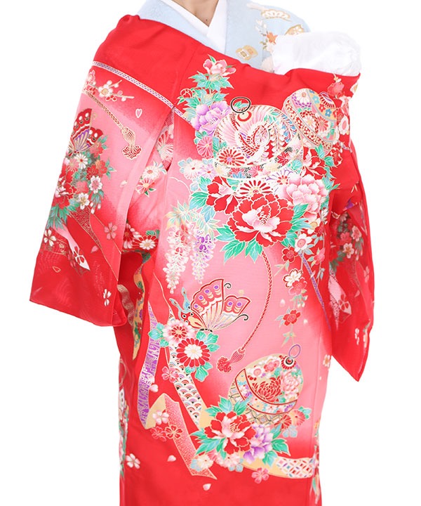 夏用・7・8月向け】お宮参り産着レンタル 女の子｜赤地に鈴と蝶｜U0079