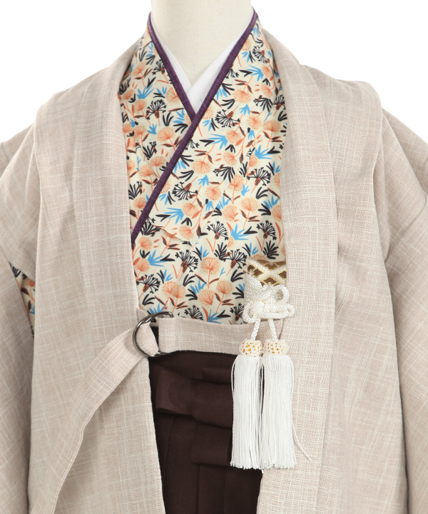 七五三(五歳男の子)着物レンタル｜ベージュ色羽織 わたげ柄着物×茶色袴