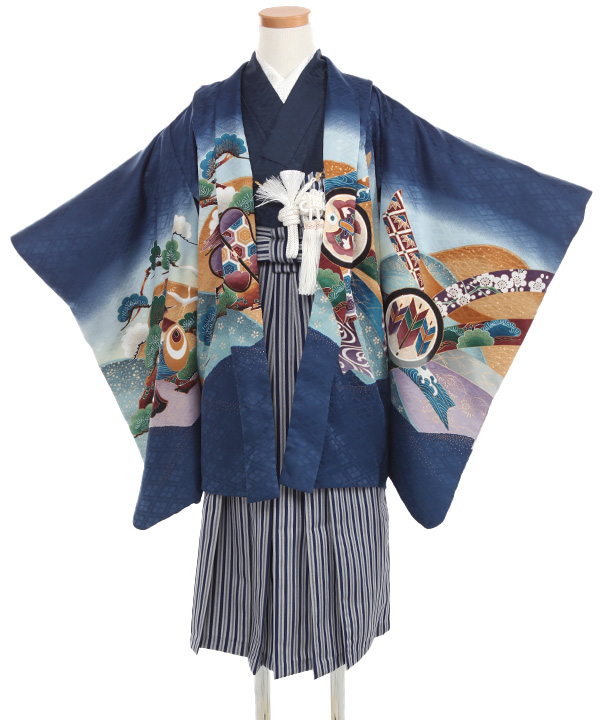 七五三(五歳男の子)着物レンタル｜兜柄紺色羽織 紺着物×紺縞袴｜W-B-5