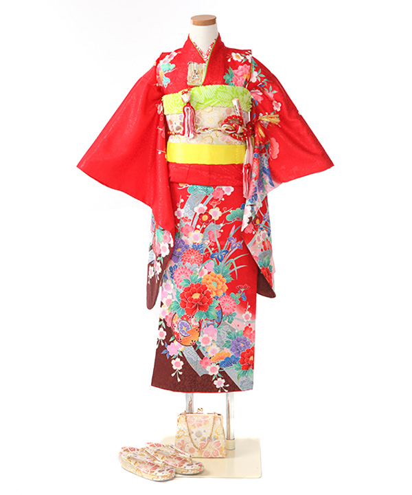 七五三(七歳女の子)着物レンタル｜赤に雪輪と花柄着物×金作り帯｜W-G-7