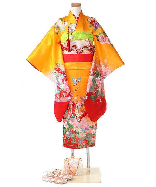 七五三(七歳女の子)着物レンタル｜赤に牡丹と蝶柄着物×黒作り帯｜W-G-7