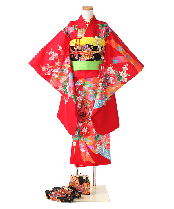 七五三(七歳女の子)着物レンタル｜赤に牡丹と蝶柄着物×黒作り帯｜W-G-7
