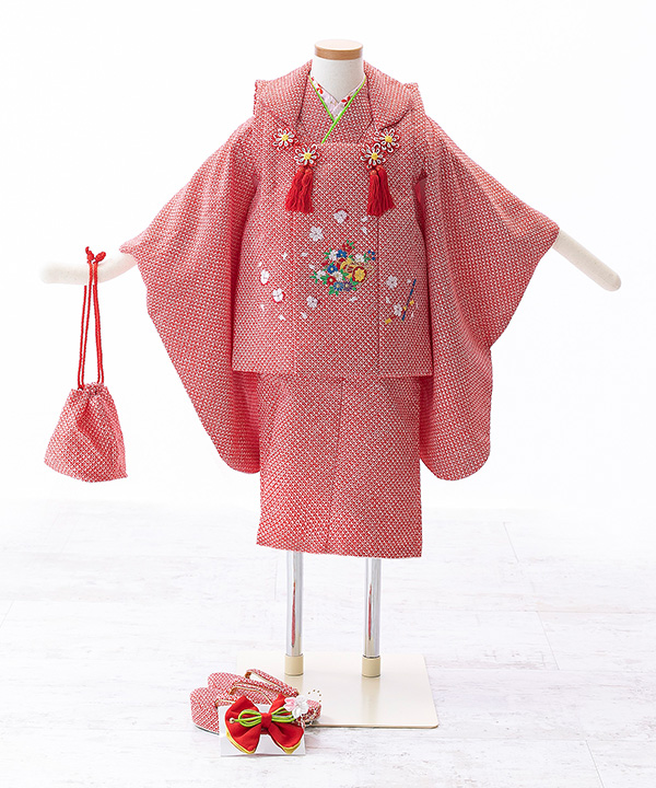 七五三(三歳女の子)着物レンタル｜疋田赤着物×疋田赤被布｜W-G-3-56