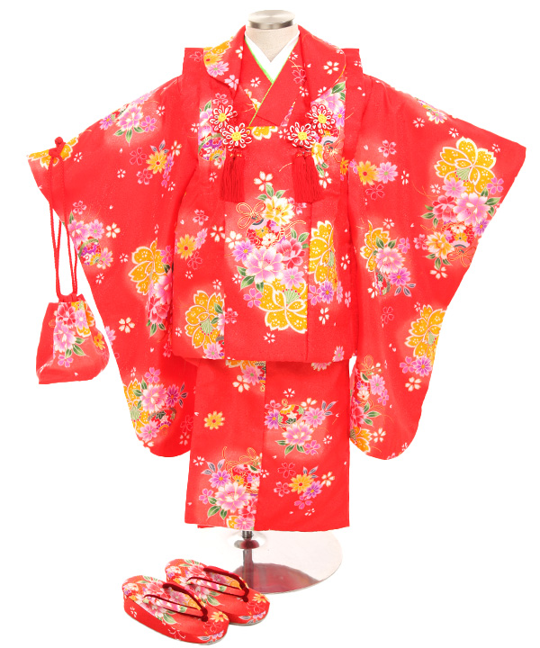 七五三(三歳女の子)着物レンタル｜桜柄赤色着物×赤色被布｜W-G-3-161