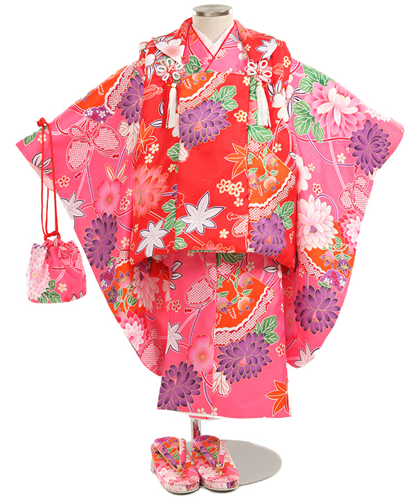 七五三(三歳女の子)着物レンタル｜菊柄ピンク着物×赤被布｜W-G-3-167