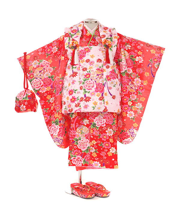 七五三(三歳女の子)着物レンタル｜鈴と花柄ピンク色着物×白被布｜W-G-3