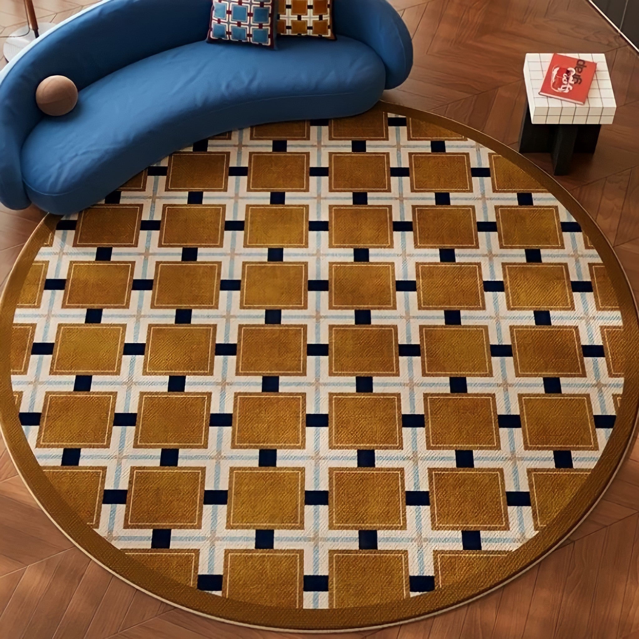 レトロパターンブロックチェックラウンドラグカーペット キャメル – kocol