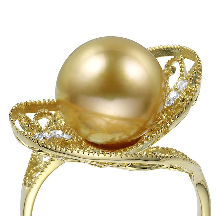 オーロラ茶金 K18 南洋ゴールドパール リング（11.7ミリ D0.08ct・無