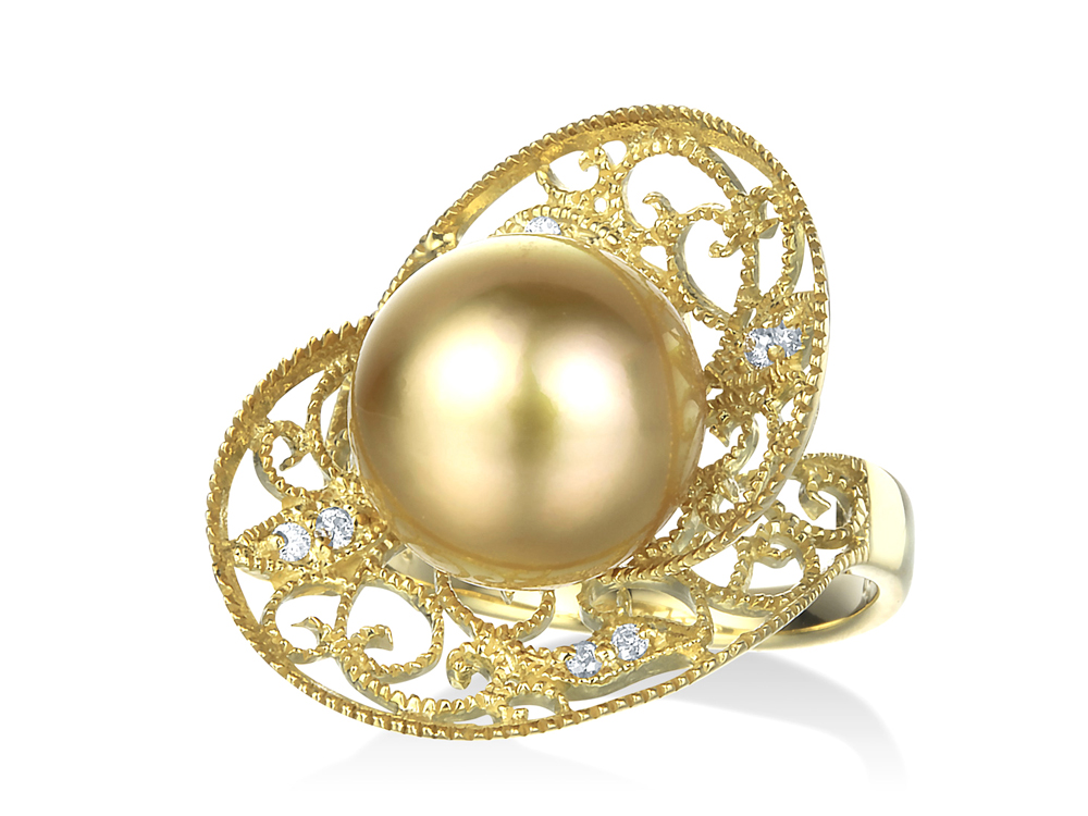 オーロラ茶金 K18 南洋ゴールドパール リング（11.7ミリ D0.08ct・無