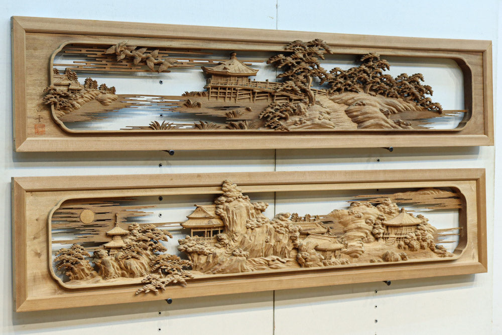 極上‼美しい近江八景が描かれた深彫彫刻欄間 EZ2512ab 在庫(a:0 b:1)枚