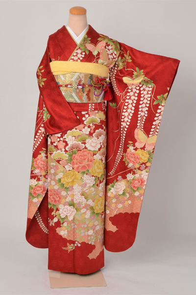 振袖［赤地の牡丹と藤模様］｜着物レンタルあき (来店着付け無料・全国