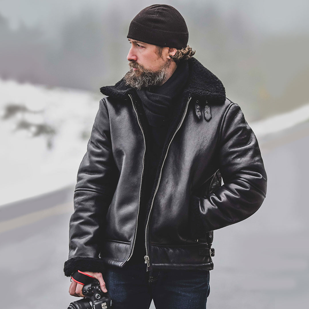 B3 BLACK SHEARLING LEATHER JACKET