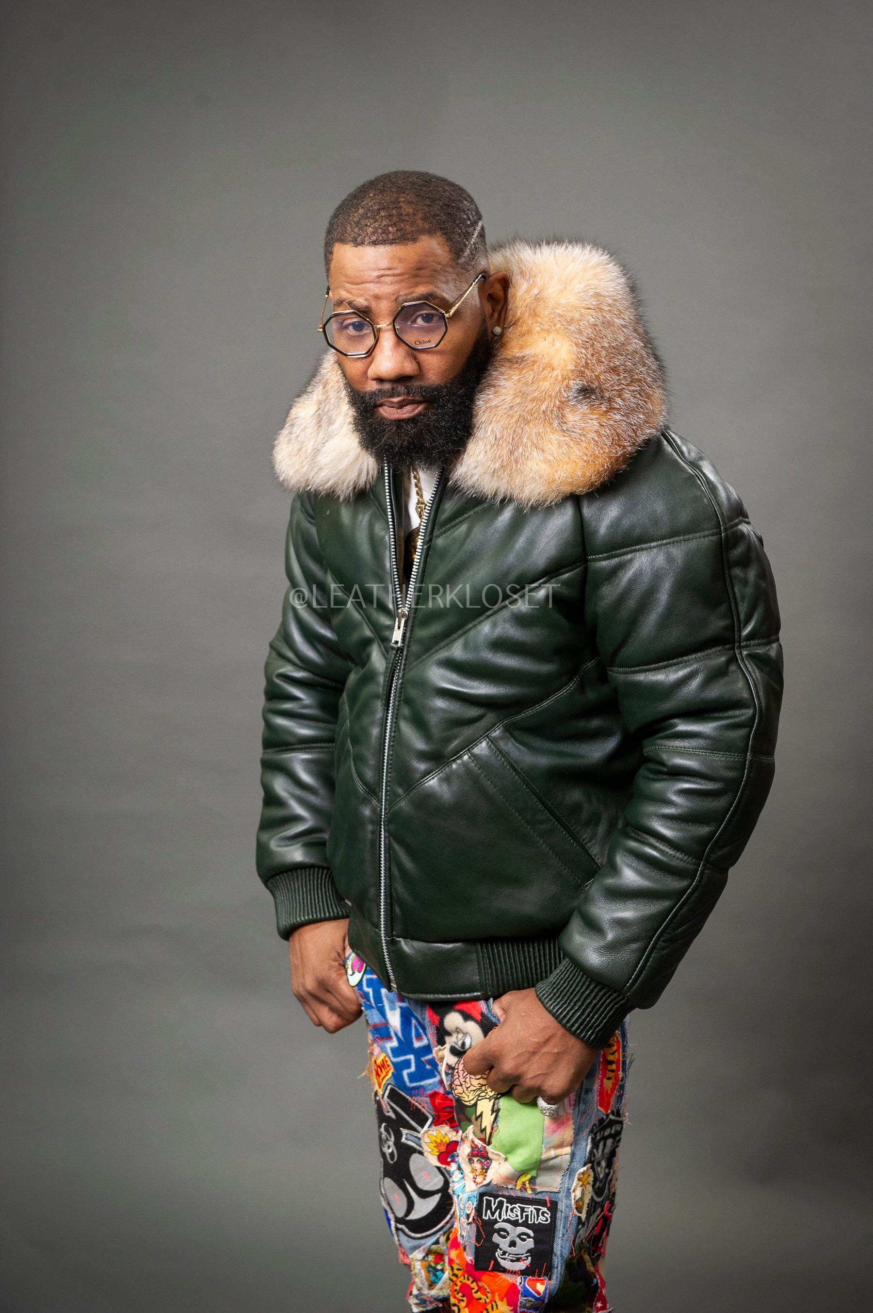 Men's V-Bomber Leather Jacket Forest Green [Crystal Fox