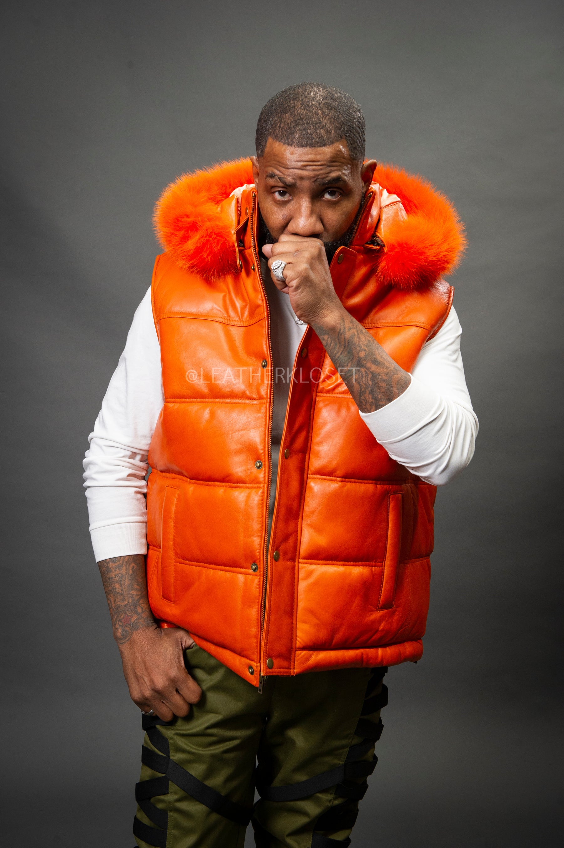 Men's Leather Bubble Vest With Fox Fur Hood [Orange] – LeatherKloset