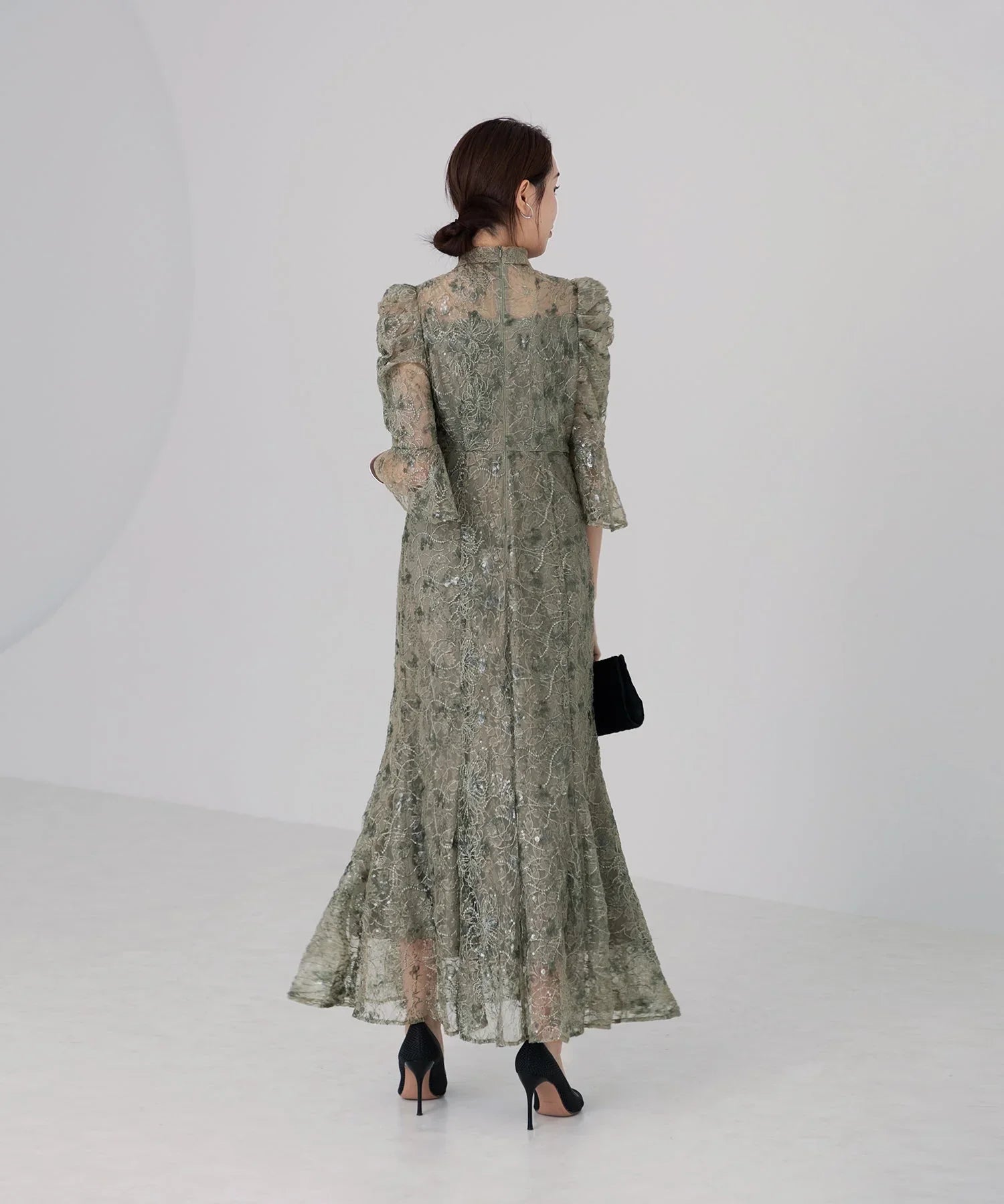 当日発送】スパンコール花柄パフスリーブマーメイドドレスパーティー