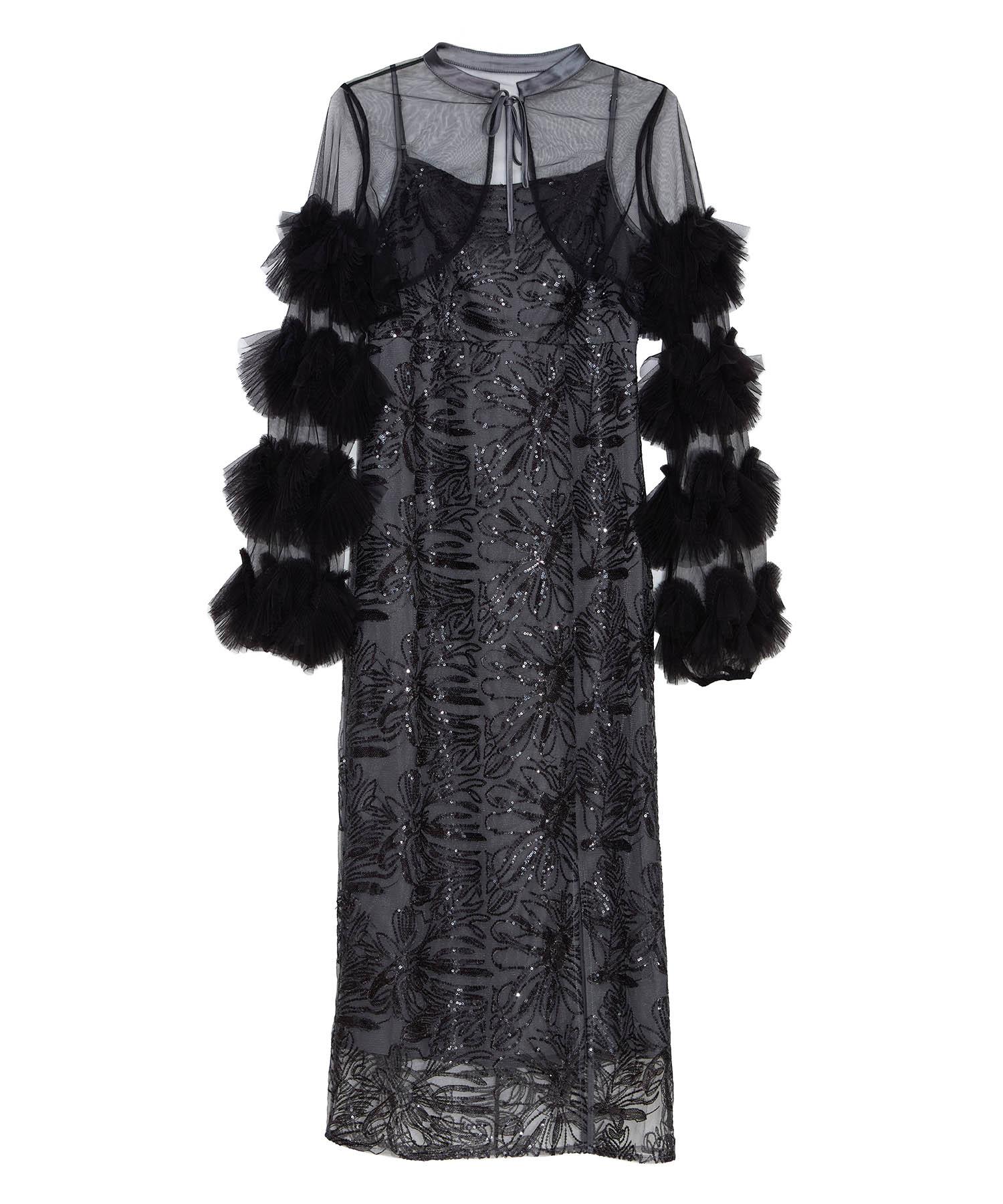 当日発送】フリルチュールスリーブリボンIラインワンピースドレス