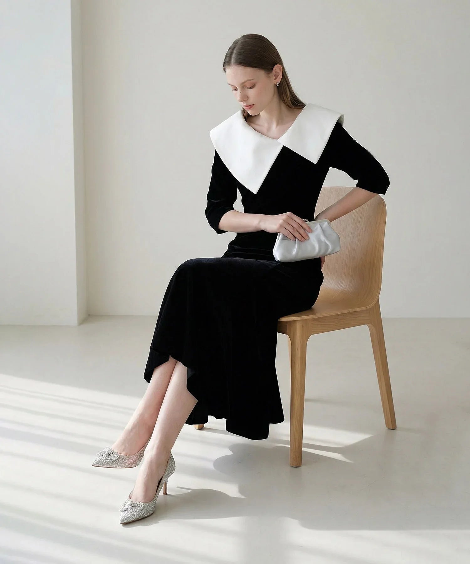 当日発送】アシンメトリービッグカラーベロアマーメイドドレス