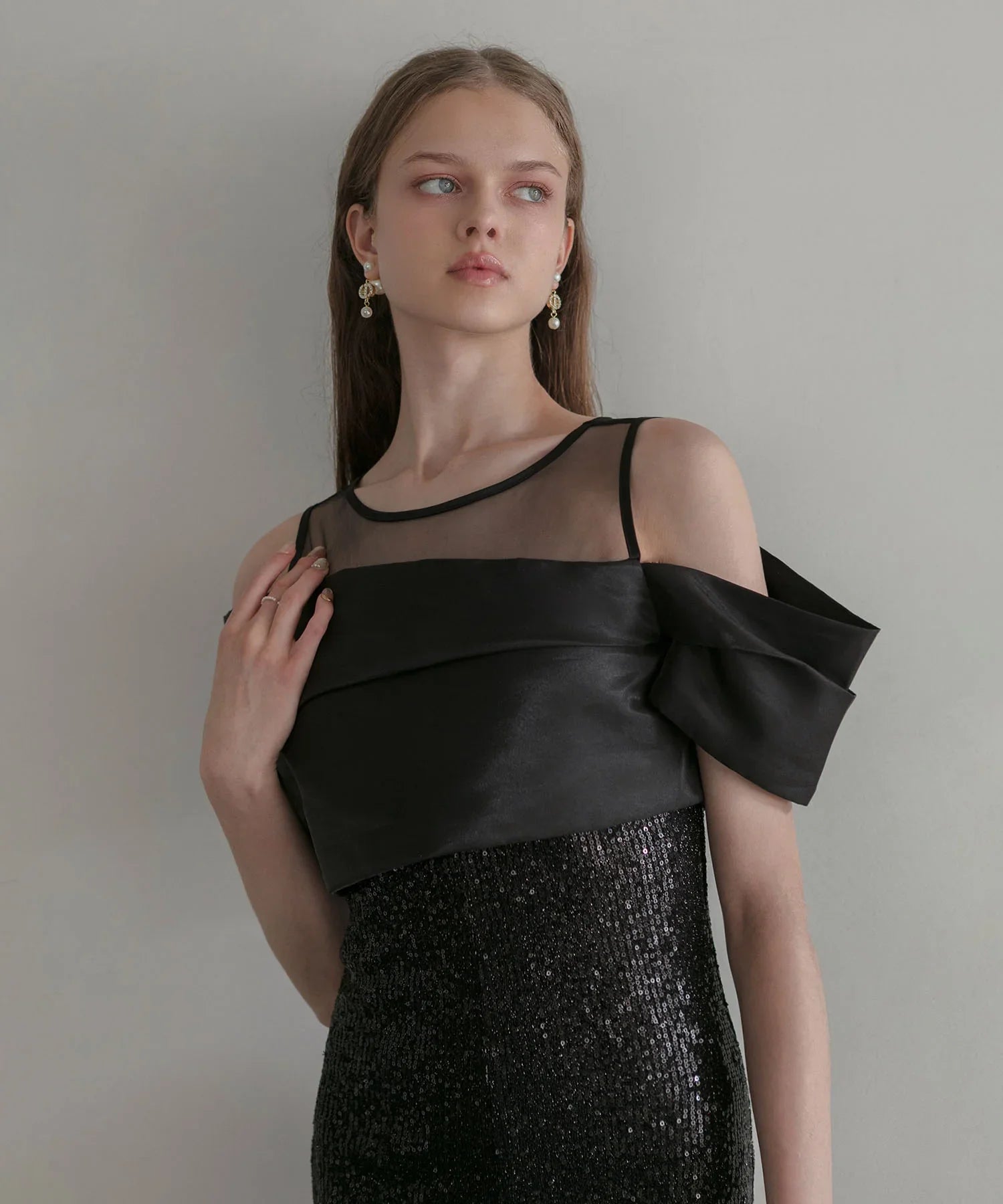 LEJA LUXE】シースルーアシンメトリースパンコールスリットIラインドレス