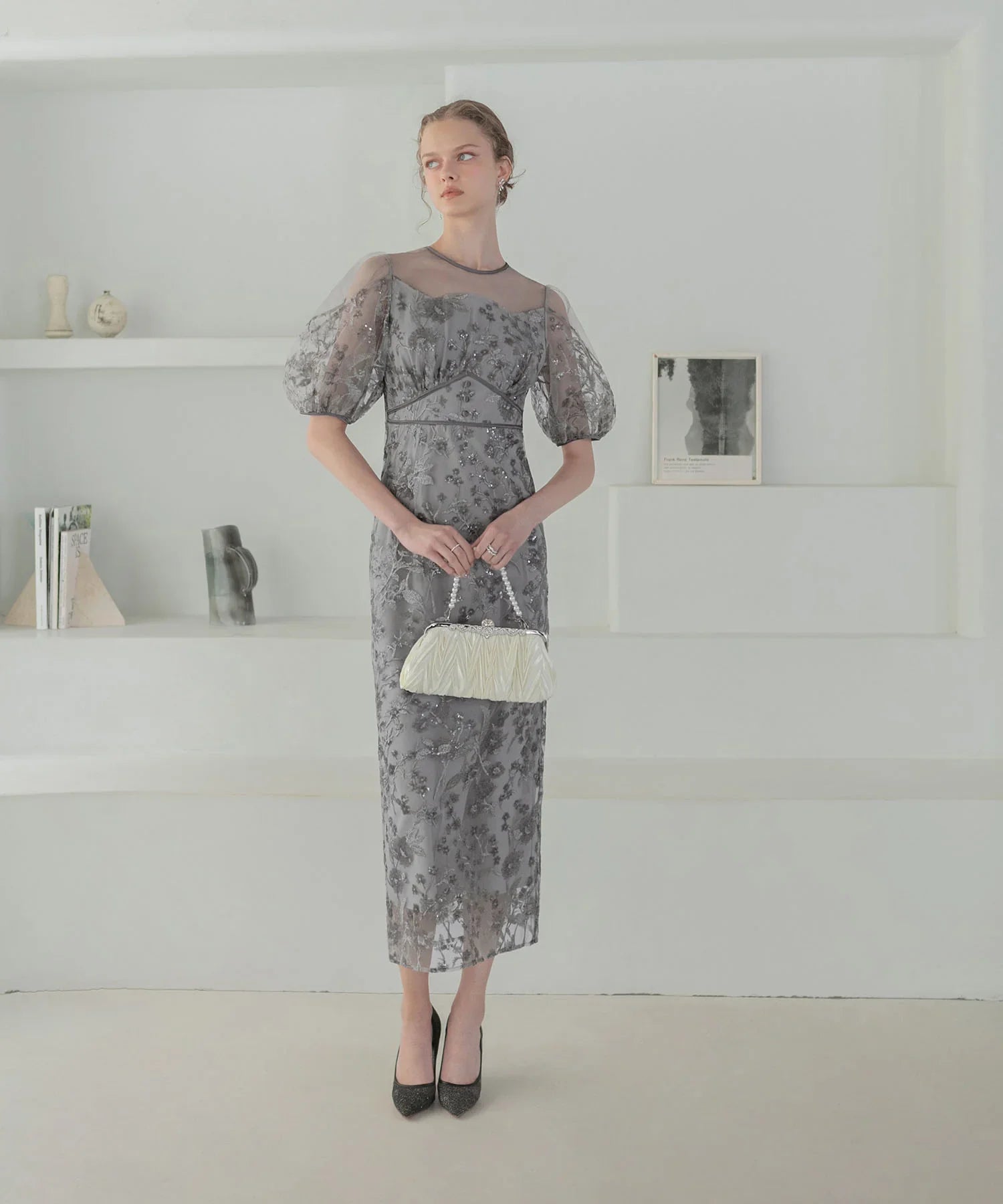 当日発送】フラワーディテールパフスリーブIラインワンピース結婚式ドレス