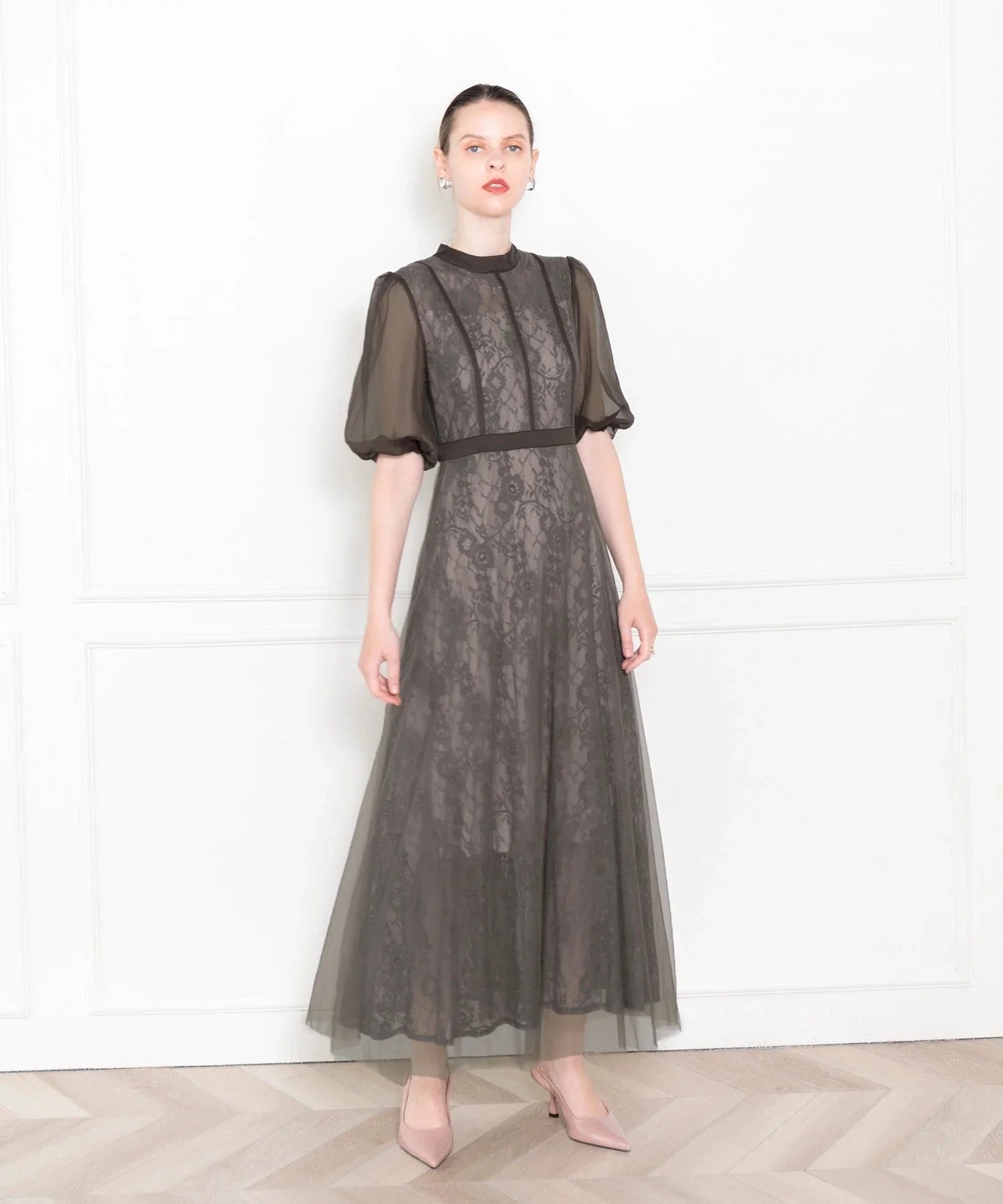 当日発送】ハイウエストチュールレースAラインドレス/パーティードレス