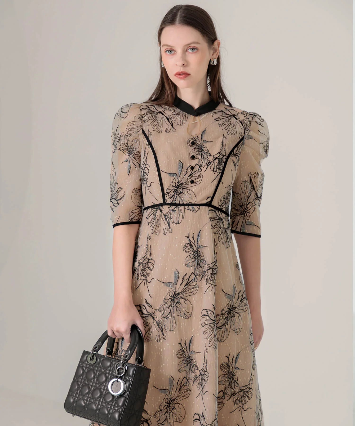 当日発送】パイピングハイネック花柄ラメレースドレス/パーティー