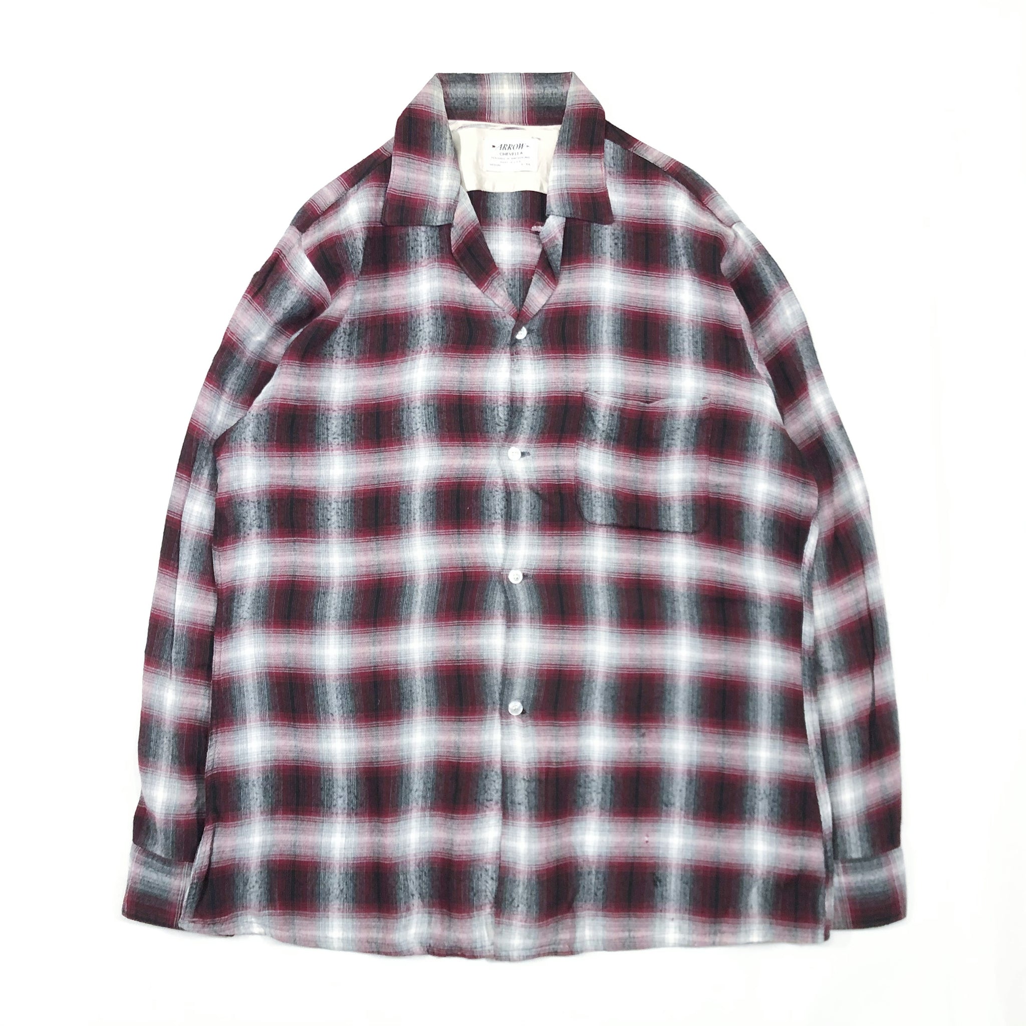 1960'S ARROW CHEVELLA RAYON 100% SHADOW PLAID OPEN COLLARED SHIRT