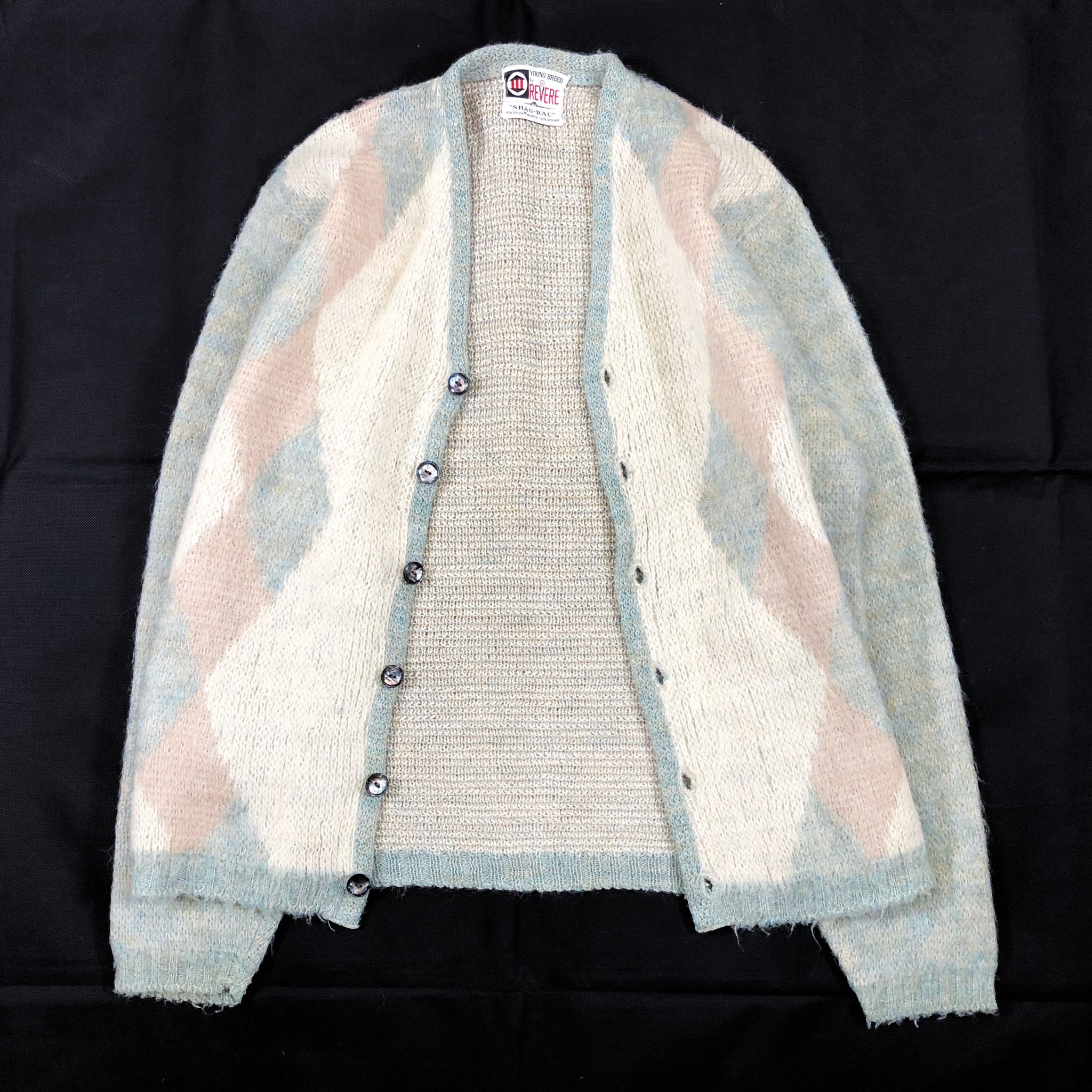 1960'S YOUNG BREED by REVERE DIAMOND PATTERN MOHAIR KNIT CARDIGAN