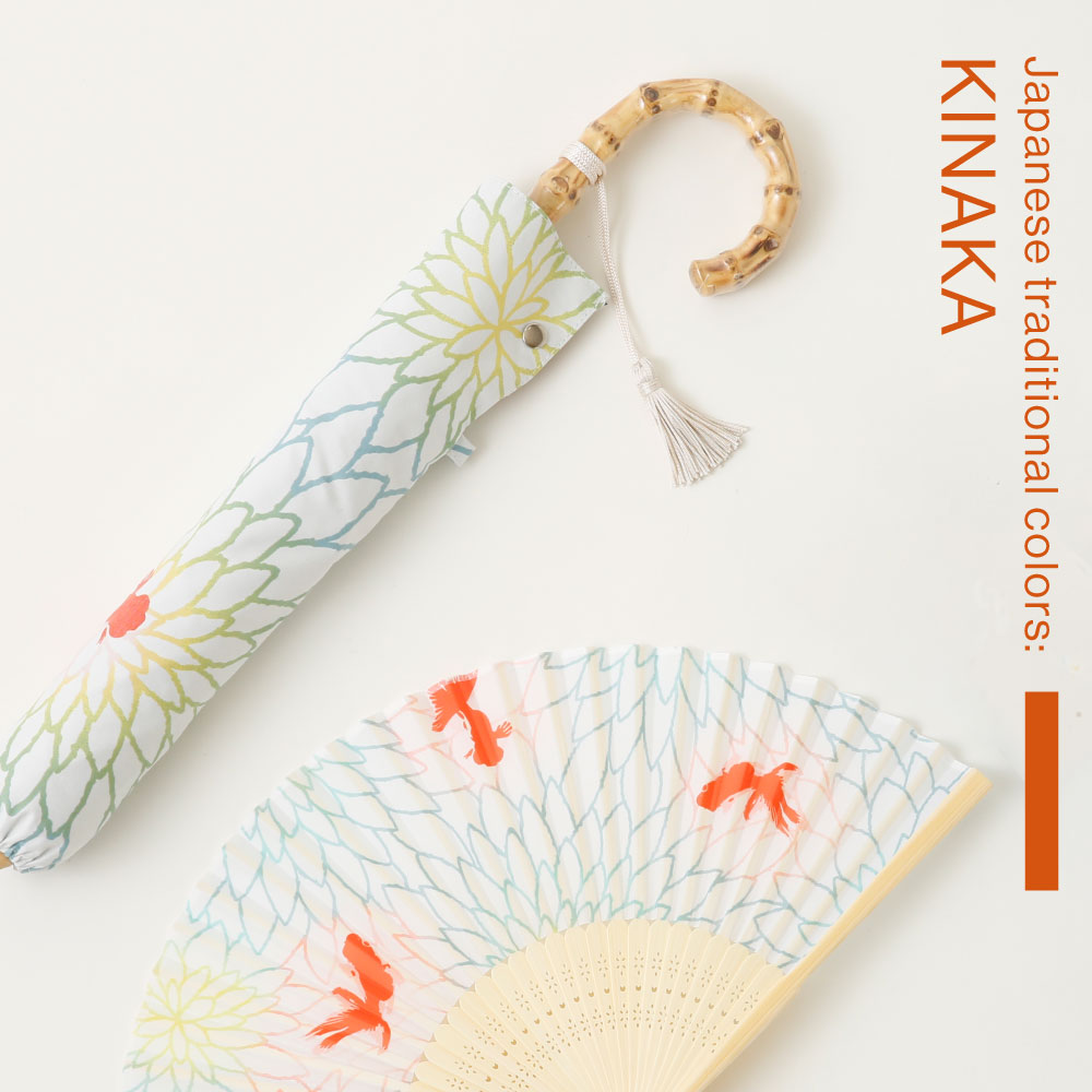 送料込】晴雨兼用2段ミニ折りたたみ日傘＆扇子【金魚（金赤/きんあか）】