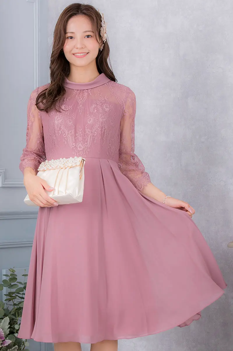 ダークピンクのロールカラーフレアスリーブドレス | Dorrydoll | M