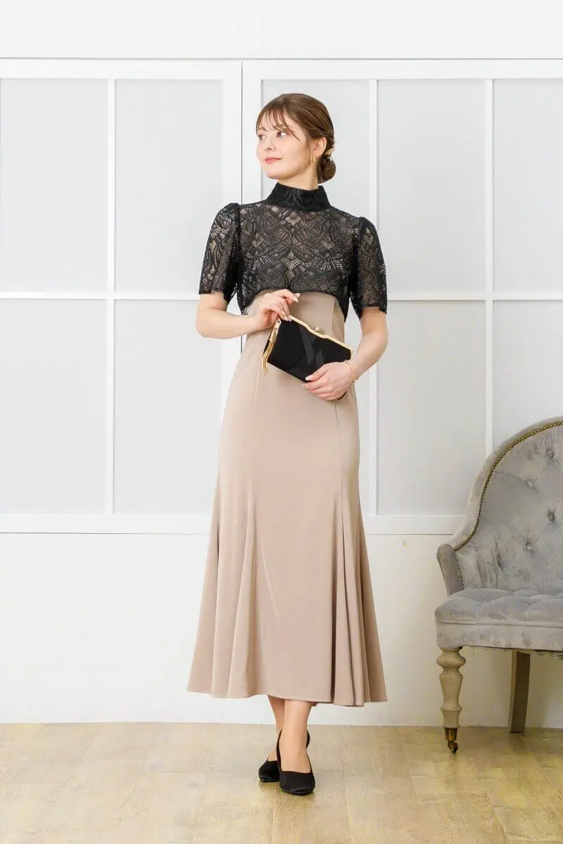 ベージュ×ブラックのレースボレロ付きマーメイドドレス | Dorry doll