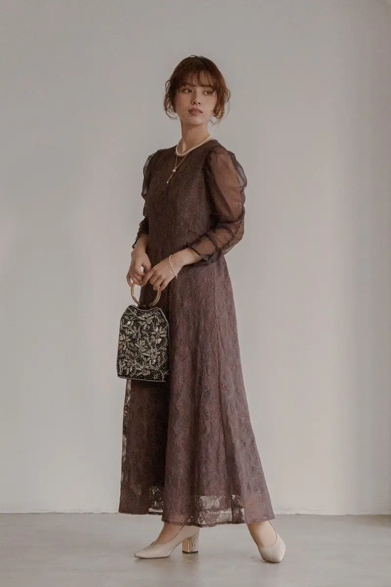 チャコールのギャザースリーブレースドレス | Dorry doll | M | 結婚式