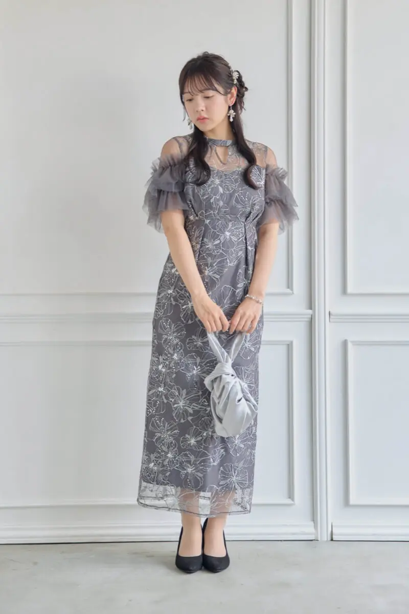 チャコールのスパンコール刺繍レースドレス | ANDRESD | L | 結婚式