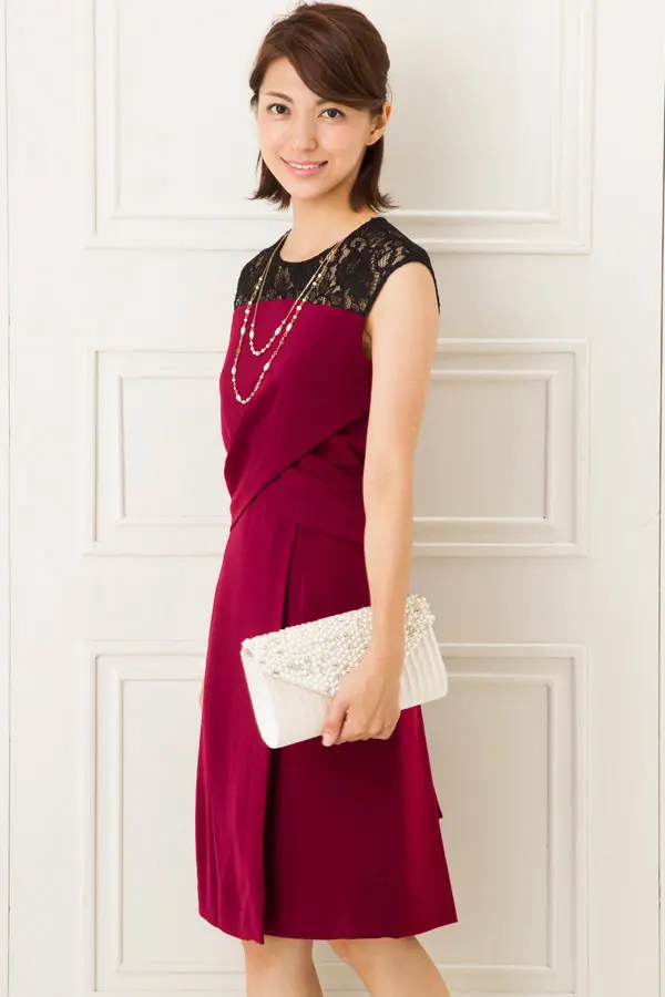 首元黒レースワインレッドワンピース | ASHILL | S～M | 結婚式