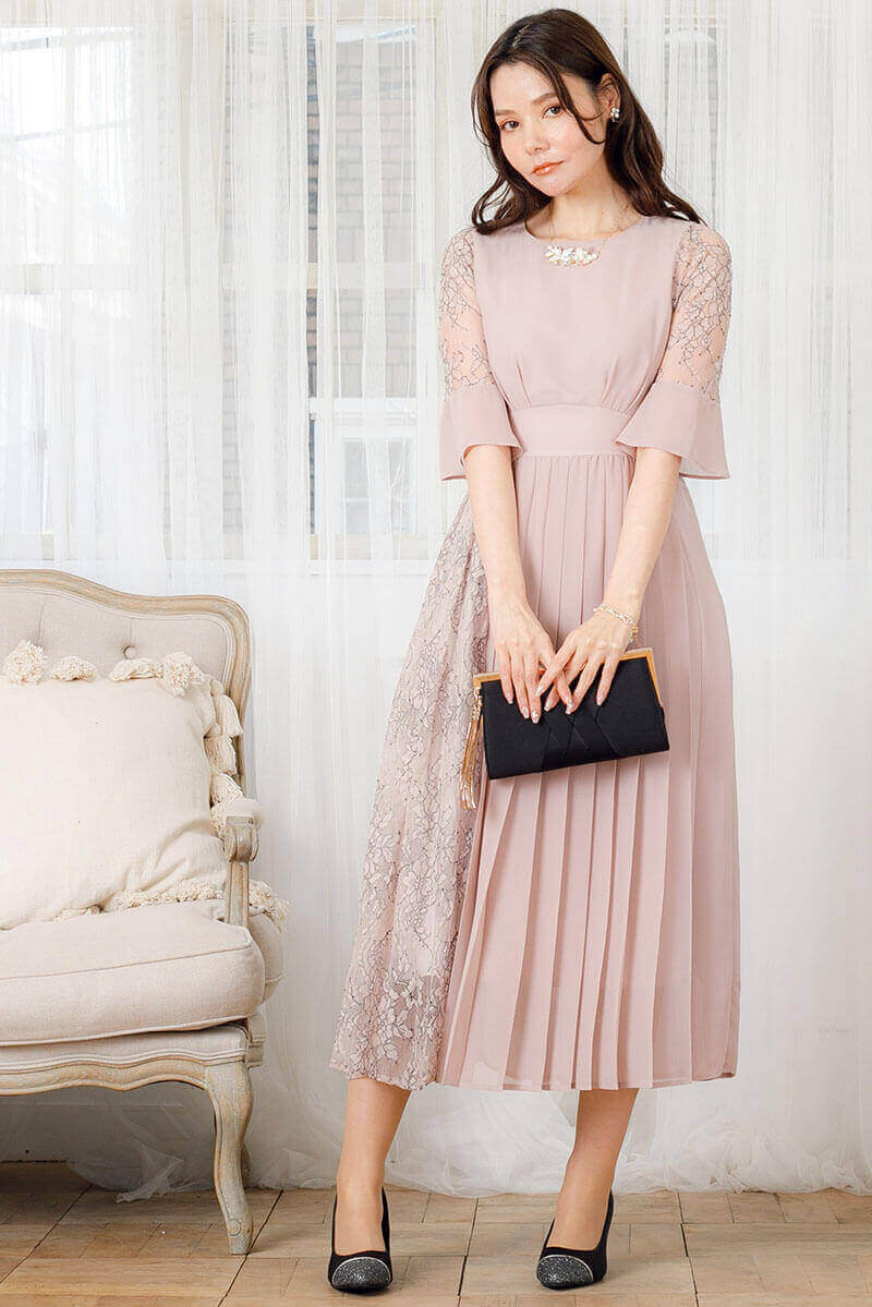 グレージュのレース切替プリーツドレス | trattoria | L | 結婚式