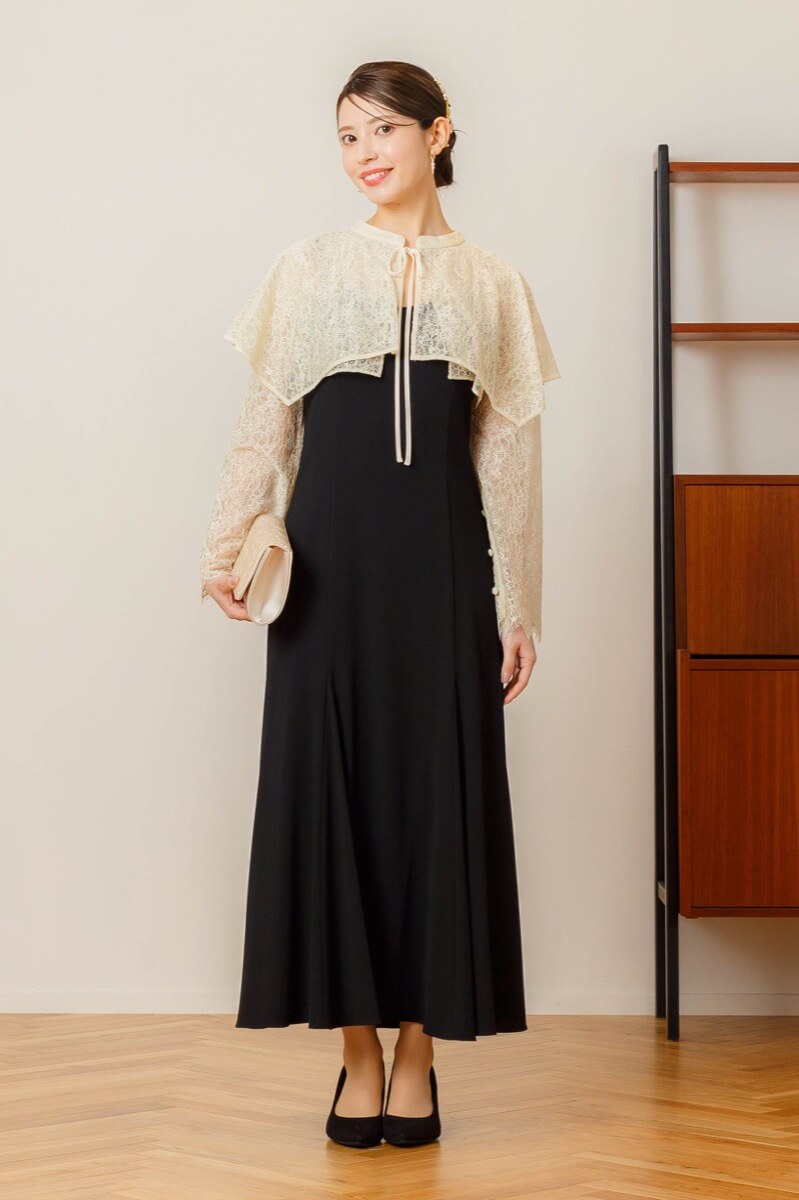 ベージュ×ブラックのレイヤードケープドレス | ANDRESD | M | 結婚式