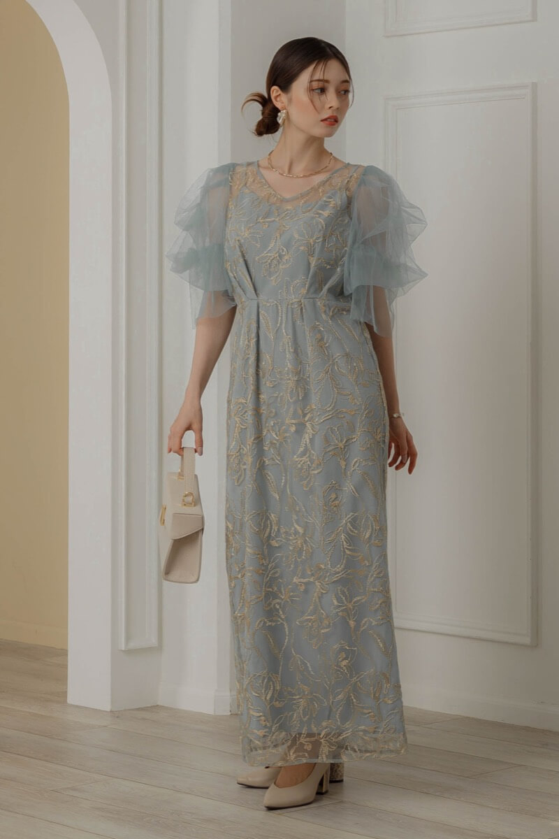 ブルーのフラッフィースリーブペンシルドレス | LE' RURE | M | 結婚式