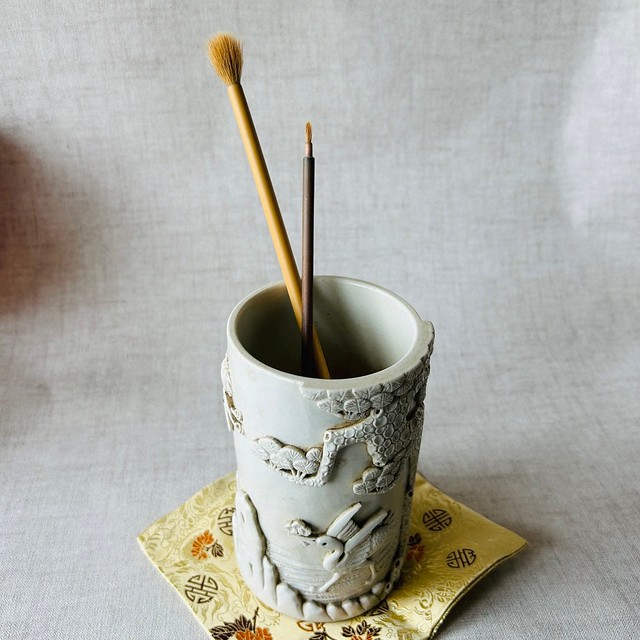 陶芸・陶器】椋木英三造 白磁筆簡（共箱）書道 筆筒 陶芸・陶器】椋木