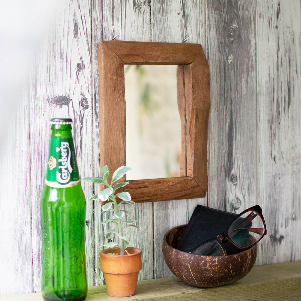 ミラー 幅16cm 廃材 ウッドミラー 木製 （ 鏡 壁掛 コンパクト Sサイズ