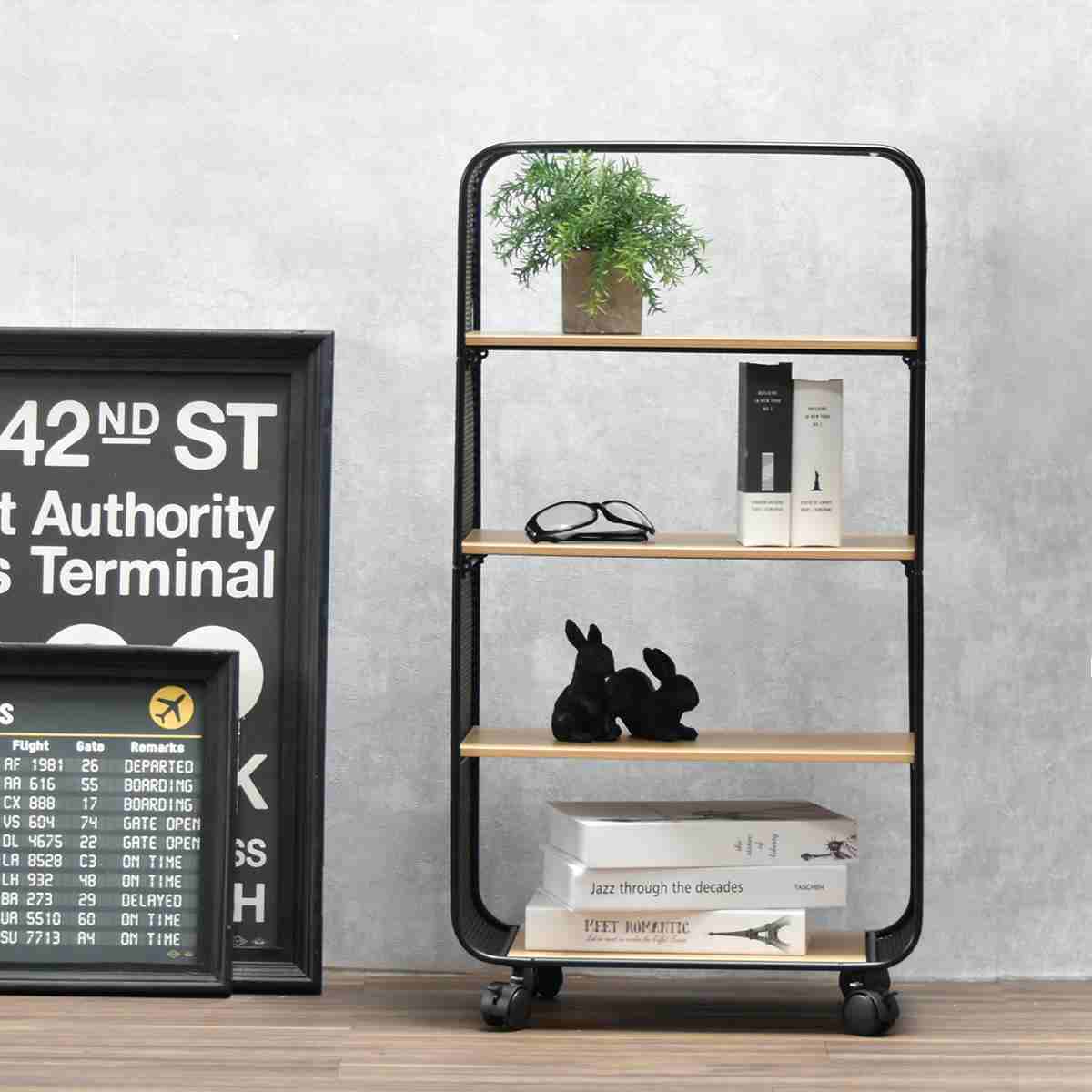 オープンラック 幅44cm 4段 木目調 キャスター付き 収納棚 シェルフ