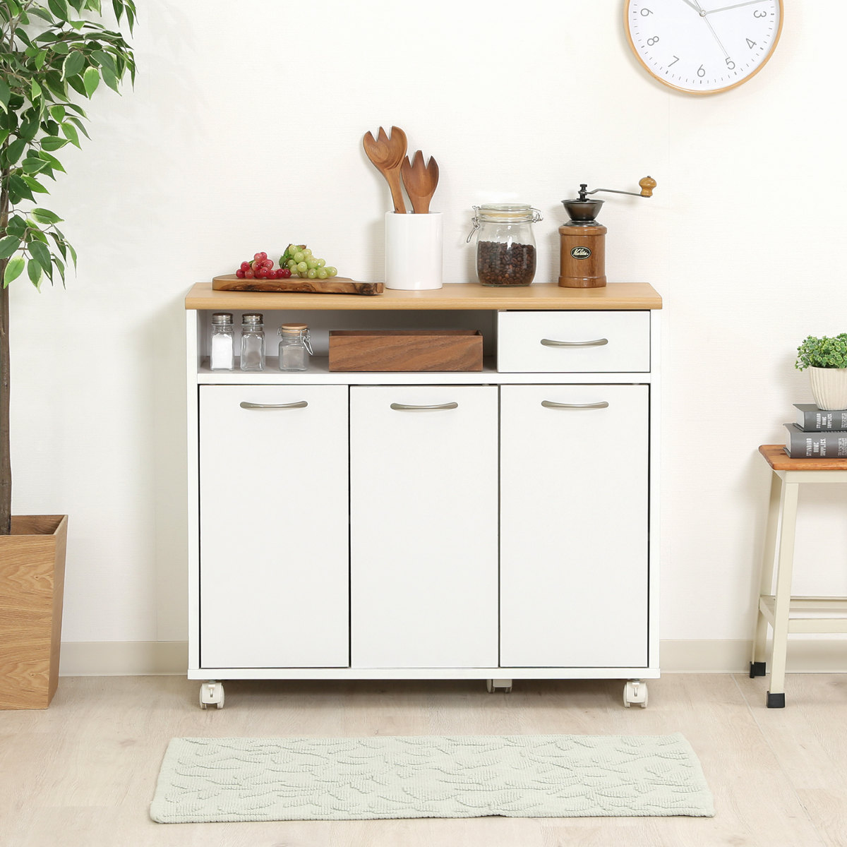キッチンカウンター 幅80cm 高さ70cm 北欧風 キャスター付