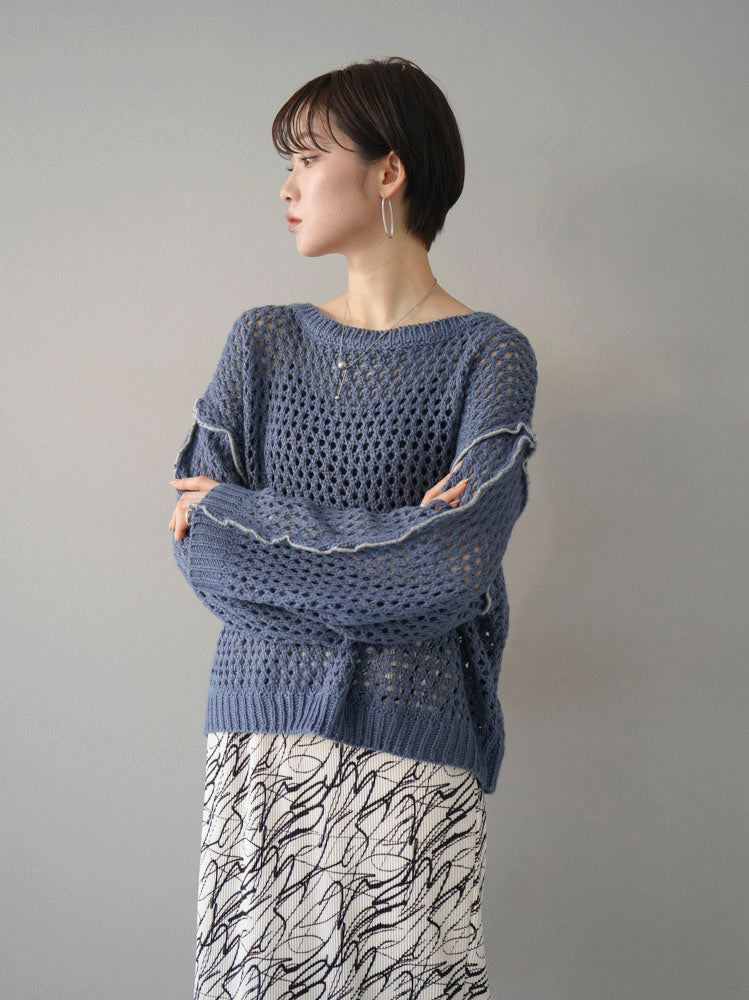 予約]配色ステッチ透かし編みニットプルオーバー/ブルー – Lumier
