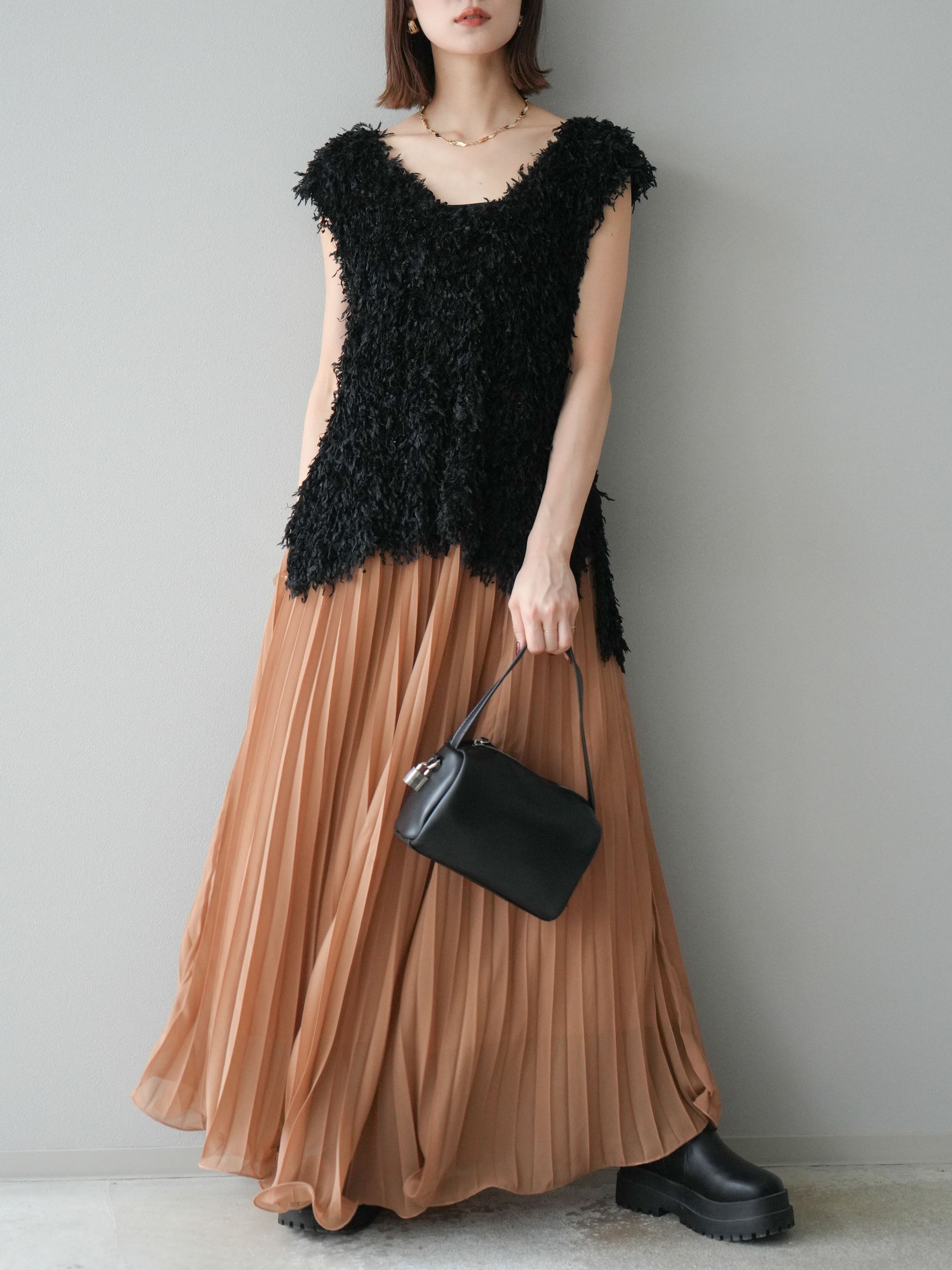予約]シフォンプリーツパイピングスカート/キャメル – Lumier