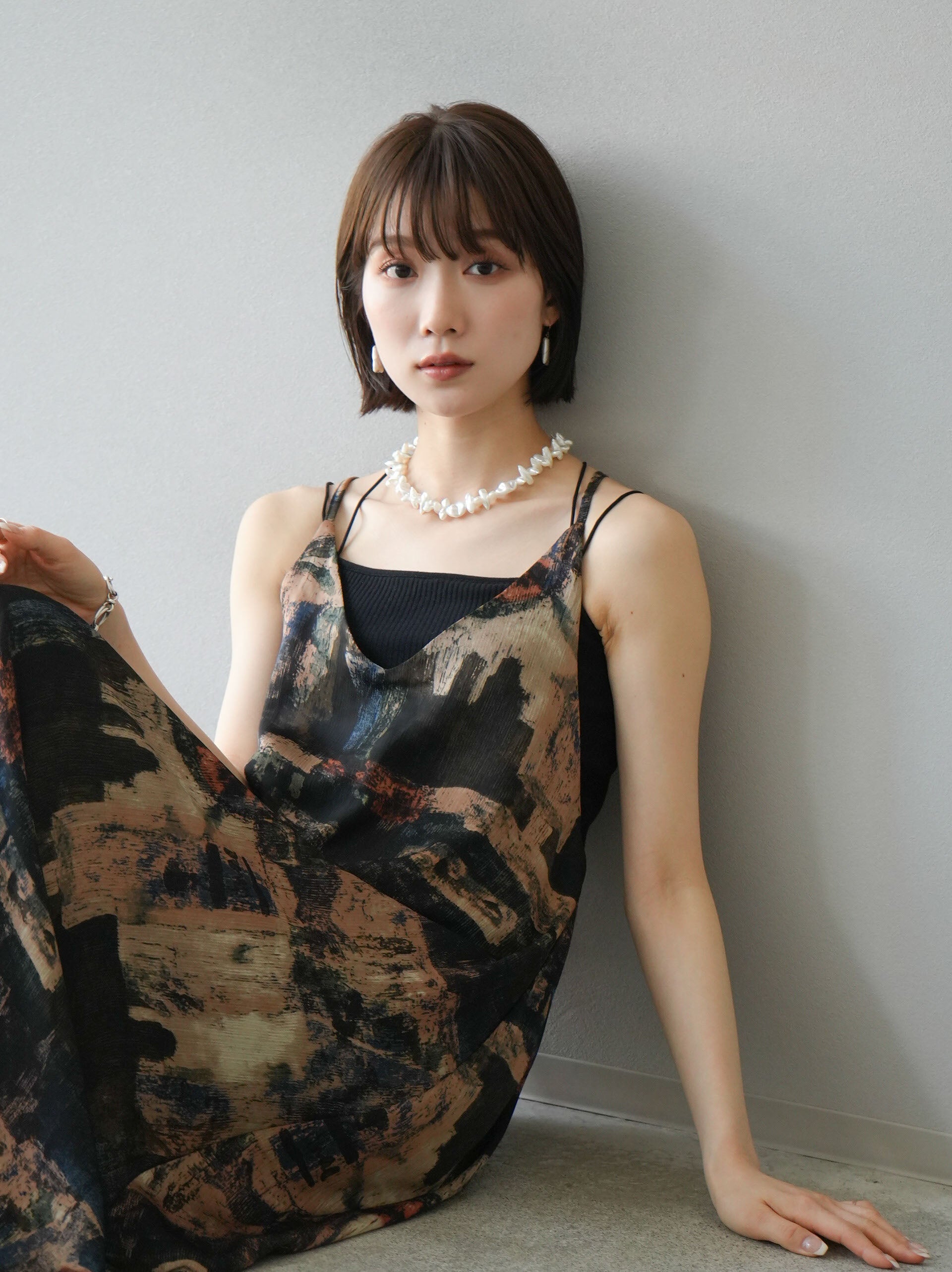 SET]ニュアンス柄バッククロスキャミワンピース+ダブルストラップ