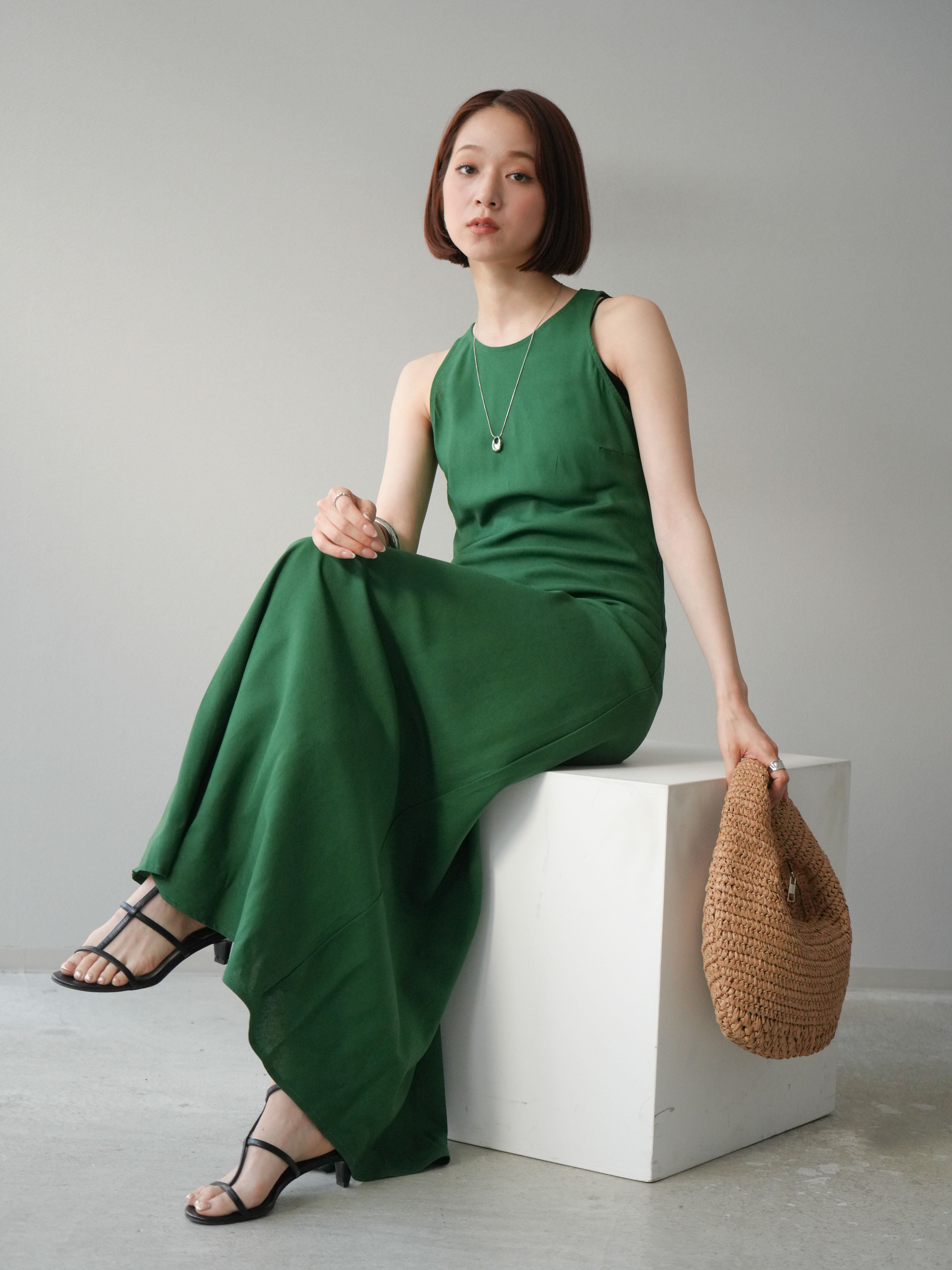 予約]リネンタッチノースリーブワンピース/グリーン – Lumier