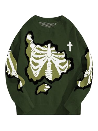 SOLY HUX Men's Y2K Skeleton Sweater Goth Grunge Skull Long Sleeve
