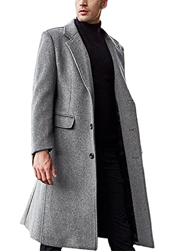 chouyatou Men's Fall Winter Office Single Breasted Long Dress Wool