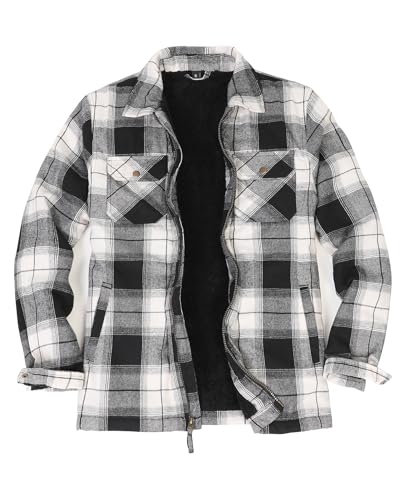 Mens Fleece Lined Flannel Shacket Long Sleeve Zip Sherpa Lined